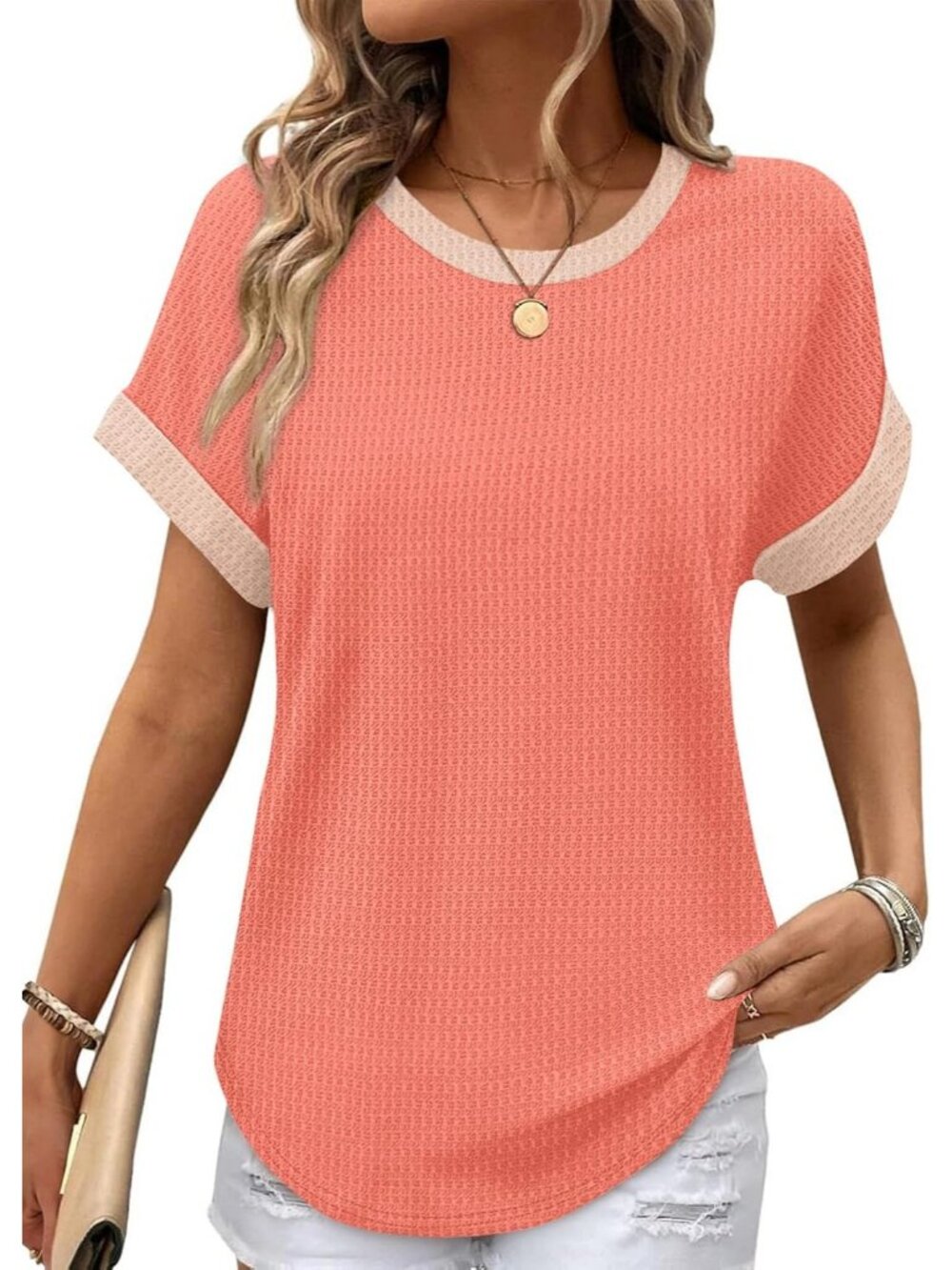 Women's Unique Coral Polyester Blend Short Sleeve V Neck Pull On Henley Shirts